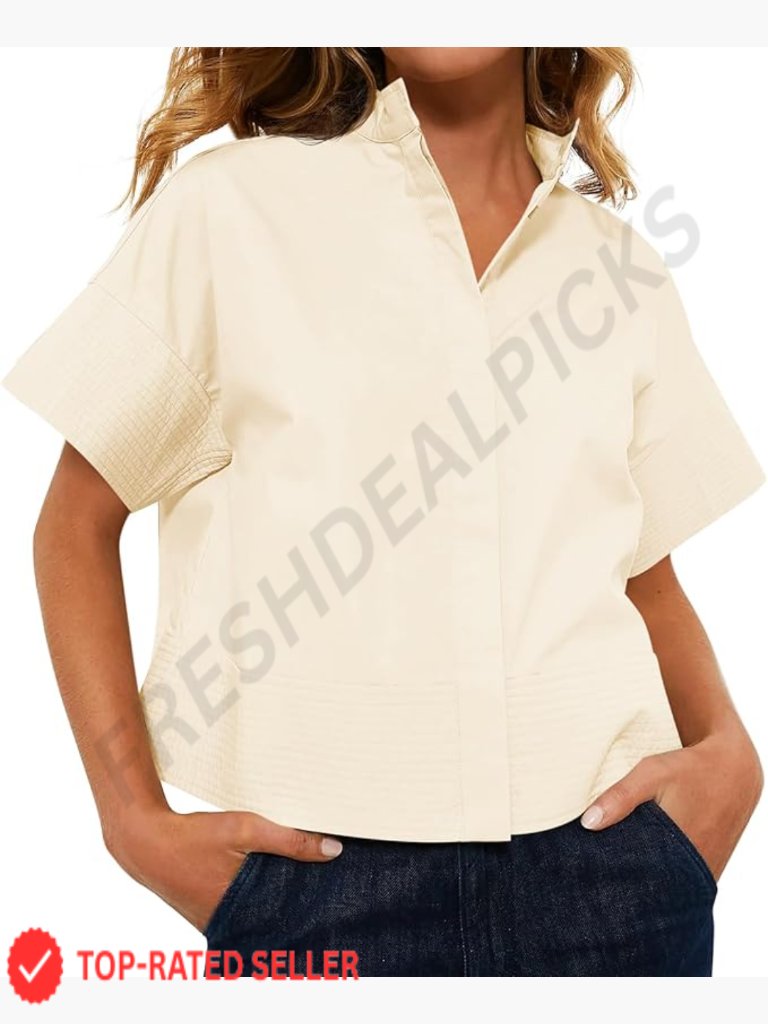 Cropped Short Sleeve Button Down Blouse Stand Collar Loose Fit Summer Top